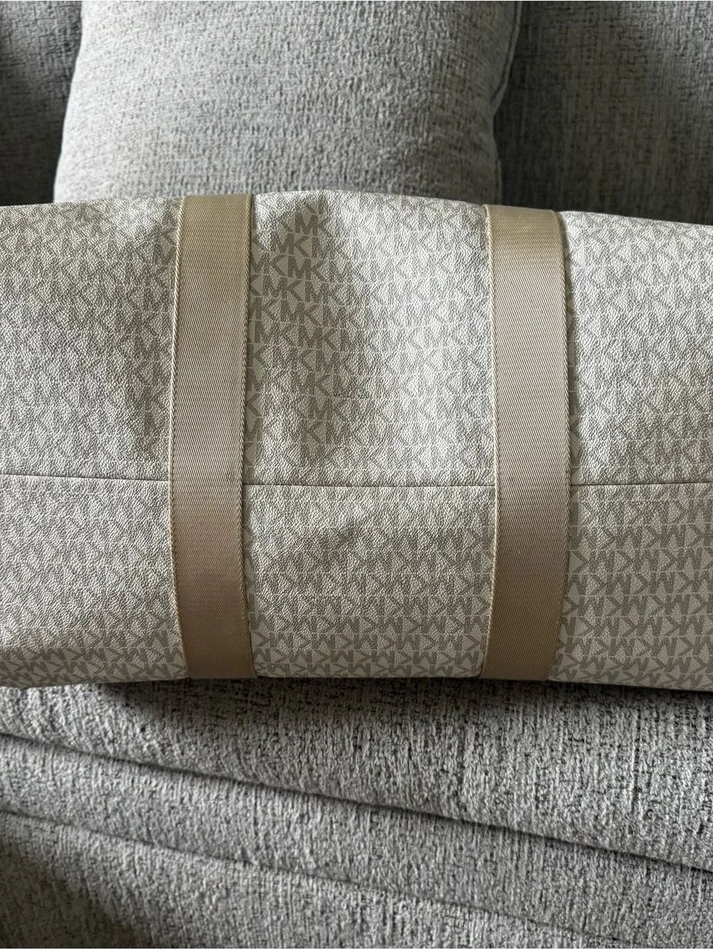 Michael Kors Cream Monogram Canvas Duffel with Brown Leather Trim